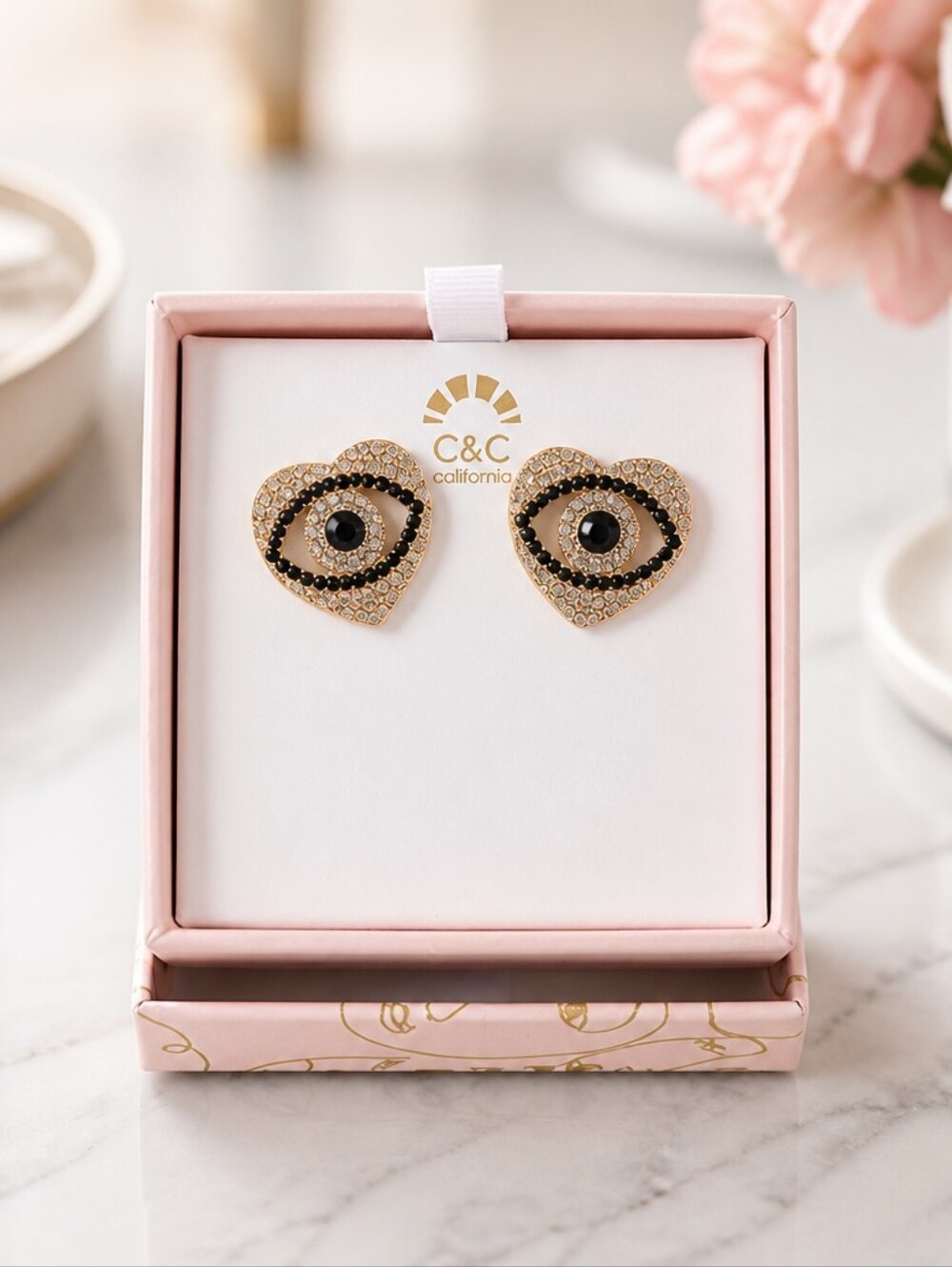 C&C California Gold Heart Evil Eye Stud Earrings - Black & Gold
